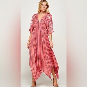 En Crème Pink Embroidered V-Neck Maxi Dress XS Asymmetric Boho Kimono sleeve